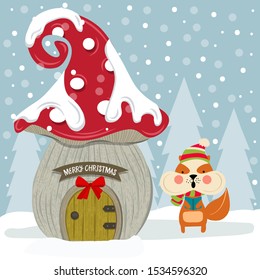 Christmas card with cute squirrel and fairy house. Flat design. Vector