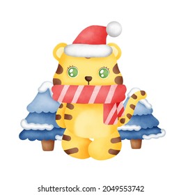 Christmas card with a cute tiger in watercolor style.