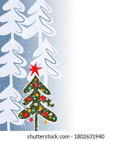 Christmas card with cute Christmas trees. Copy space. Vector illustration