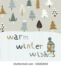 Christmas card with cute christmas trees and owl in winter knitted cap