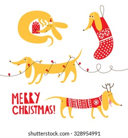 Christmas card. Cute yellow dog. 