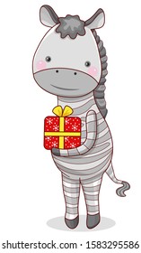 Christmas card with a cute zebra. Vector illustration of Christmas theme. Palce your text.