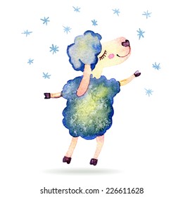 Christmas card with dancing sheep, hand drawn watercolor paint vector character