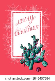 Christmas card with decorated cactus. Inscription - Merry Christmas.