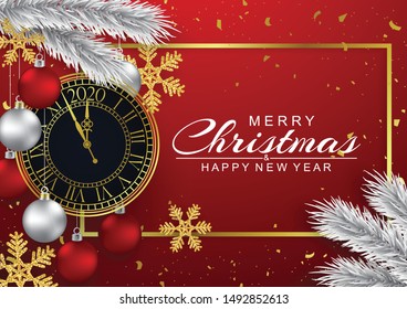 Christmas card decorated with a clock and silver ball illustration