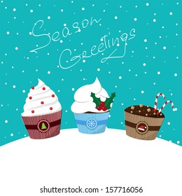 christmas card with decorated cupcakes on the snowy background vector 