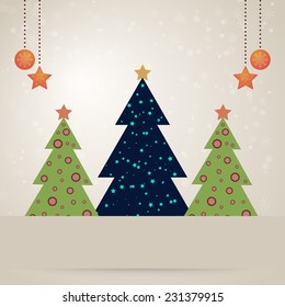Christmas card with decorated fir trees and snowfall