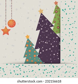 Christmas card with decorated fir trees and snowfall