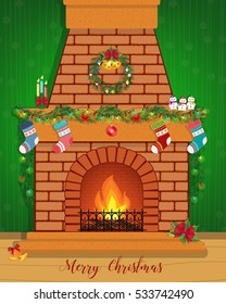 Christmas card with a decorated fireplace.
