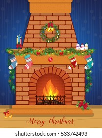 Christmas card with a decorated fireplace.