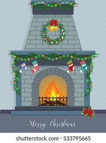 Christmas card with a decorated fireplace. Happy New Year.