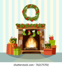 Christmas card with Decorated Fireplace. Vector illustration.