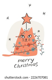 Christmas card with decorated ginger cat tangled in garland 