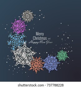 Christmas card decorated with shiny snowflakes. Happy New Year greeting card, vector illustration