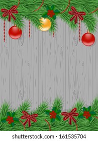 Christmas card with decorated Christmas tree branches on the wood vector background