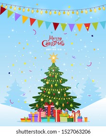 Christmas card. Decorated Christmas tree with a bunch of gifts in the snow. Winter forest background with garlands. Flat vector design.