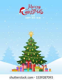 Christmas card. Decorated Christmas tree with a bunch of gifts in the snow. Winter forest background. Blank for cards, banner, congratulations, invitations. Flat vector design.