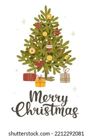 Christmas card with decorated tree and calligraphy lettering. Festive poster with  christmas tree.