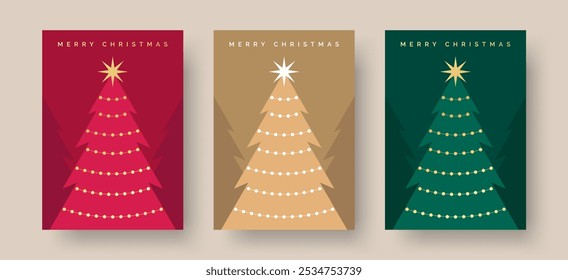 Christmas Card with Decorated Christmas Tree Illustration. Merry Christmas Greeting Card Vector Set with Christmas Tree Scene. Xmas Templates for greeting card, backgrounds, posters, holiday covers.