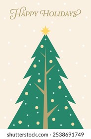 Christmas Card with Decorated Christmas Tree Illustration. Happy Holidays Christmas Greeting Card. Modern Xmas Design for Xmas Card, Holiday Cover, Party Invitation