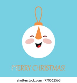 Christmas card with the decoration of a Christmas ball in the form of a snowman. Vector illustration.