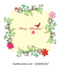Christmas card decoration with Bird and Poinsettia. Hand drawn sketches. Vector Illustration