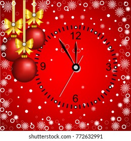 Christmas card with decoration and clock on a red background. Vector Illustration