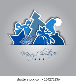 Christmas card with decoration elements, gift, tree, star, bell, snowflake, and Santa Claus cap, vector illustration.