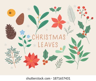 Christmas card decoration leaves. flat design style minimal vector illustration.