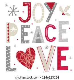 Christmas card with decoration typography joy, peace and love design 