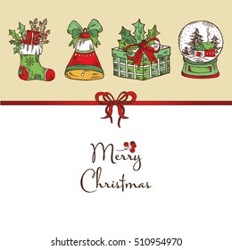 Christmas card with Christmas decorations: Christmas boots,  bell and present. Hand drawn 