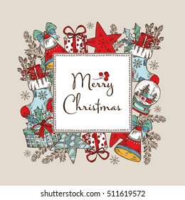 Christmas card with Christmas decorations: Christmas boots, bell, star and present. Hand drawn 