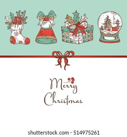 Christmas card with Christmas decorations: boots, bell and present. Hand drawn 