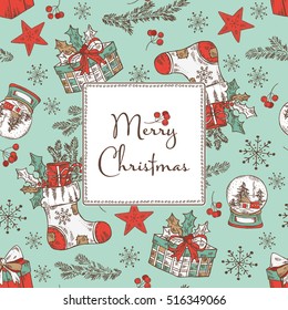 Christmas card with Christmas decorations: Christmas boots, bell, star, candle and present. Hand drawn.