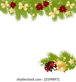 Christmas card with decorations - bows, balls, stars and poinsettia. Vector illustration.