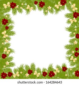 Christmas card with decorations - bows, stars and poinsettia. Vector illustration.