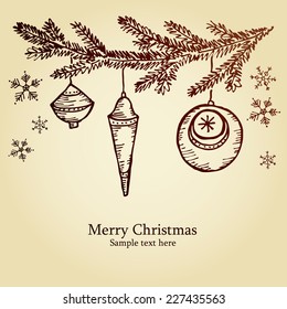 Christmas card with Christmas decorations , hand drawn. 