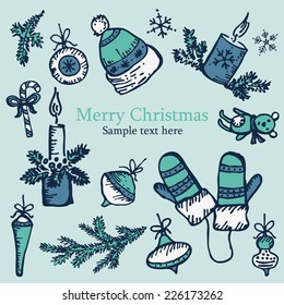 Christmas card with Christmas decorations, hand-drawn.