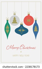 Christmas card with Christmas decorations in a minimalist style with seasonal wishes in a modern style. Template for postcards, invitations, congratulations, web, social networks, print..