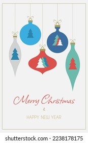 .Christmas card with Christmas decorations in a minimalist style with seasonal wishes in a modern style. Template for postcards, invitations, congratulations, web, social networks, print..