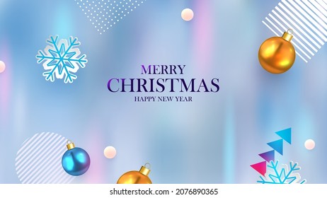 Christmas card with Christmas decorations, snowballs and snowflakes on a background of northern lights .Vector illustration.