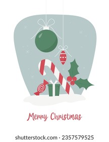 Christmas card with decorations and text. Concept vector illustration in flat style.