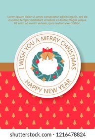 Christmas card with decorations, Christmas wreath. Merry Christmas typography and elements for holidays with greeting card template and pattern. Vector brochure in vintage style.