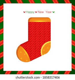 Christmas card. Decorative sock for gifts. Knitted texture. Decorative items for the holiday. Happy new year.