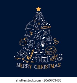 Christmas card with decorative text and ornaments.  Christmas vector illustration. Vector