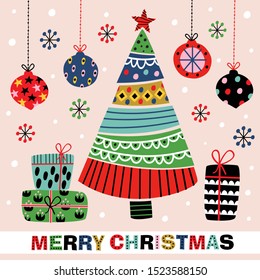 Christmas card with decorative tree and gifts   - vector illustration, eps    
