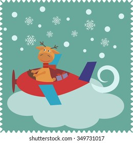 Christmas card with deer aviator Santa Claus on airplane. Santa sends gifts. Vector EPS8. deer isolated. deer cartoon. Deer vector.christmas airplane 