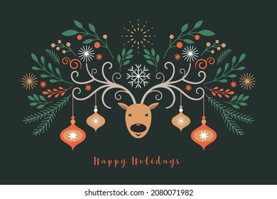 Christmas card. Deer and branches Christmas illustration	
