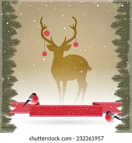 Christmas card with a deer and bullfinches