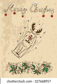 Christmas card with deer eating candy on sledges, vintage illustration with hand drawn elements
